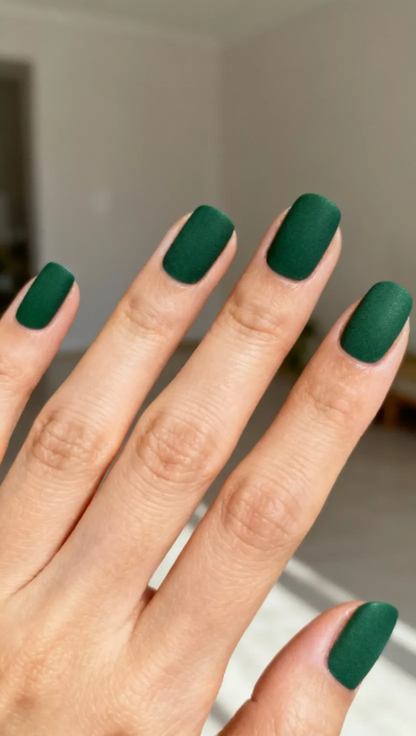 close-up shot of a woman’s hand with five fingers showing nails with a deep forest green matte finish, room background.