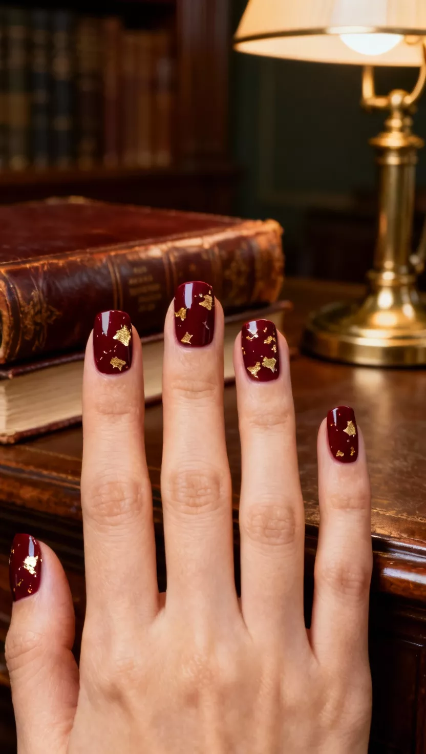 close-up shot of a woman’s hand with five fingers showing nails with a dark oxblood red cream polish speckled with irregular small pieces of gold leaf, elegant study background.