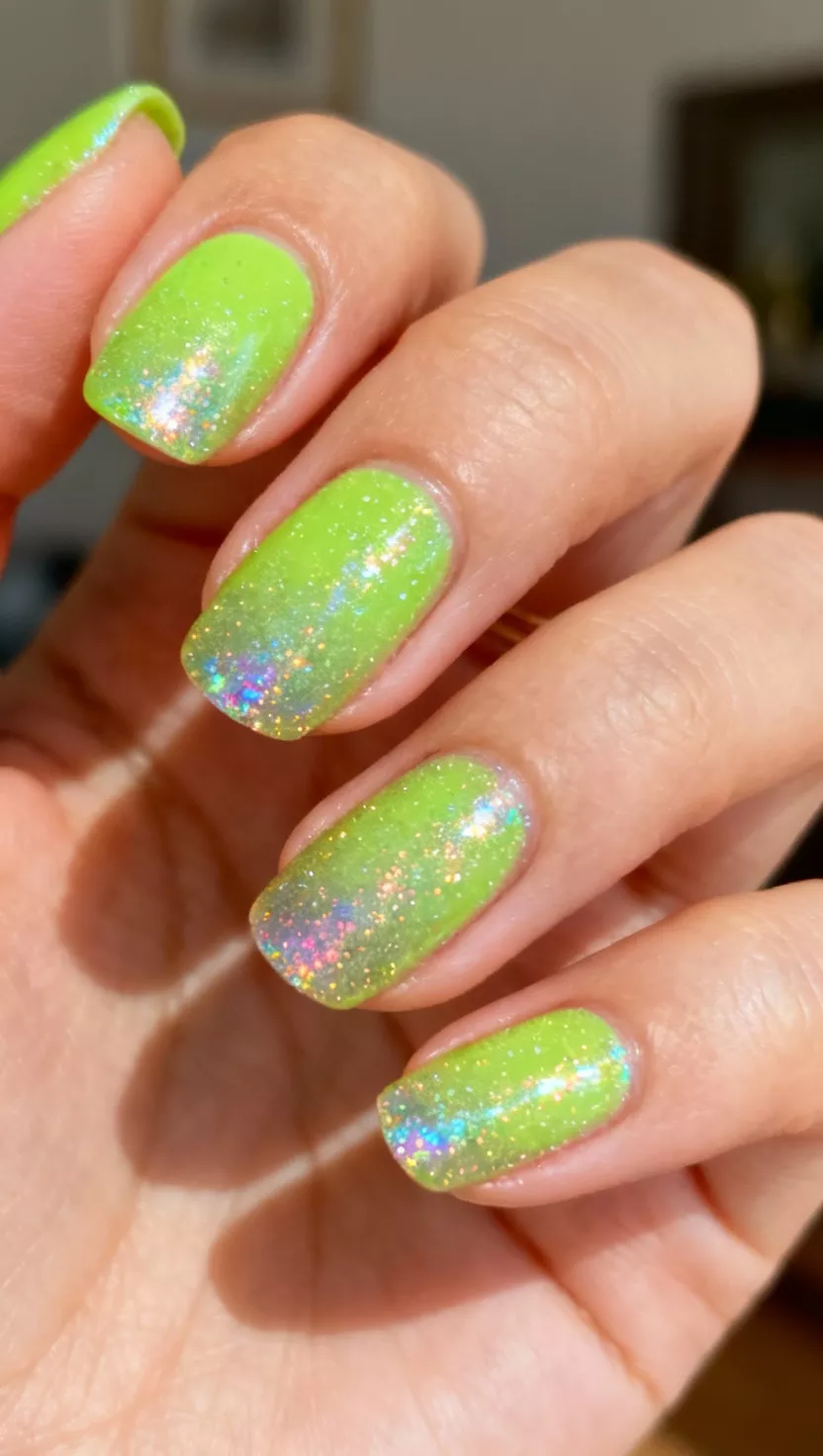 close-up shot of a woman’s hand with five fingers showing nails with a bright lime green base with chunky holographic glitter gradually concentrated at the cuticle fading toward the tip, room background.
