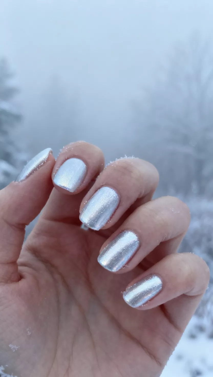 close-up shot of a woman’s hand with five fingers showing nails with an extremely light, almost white-silver chrome that has a pale ghostly luminescence, foggy winter morning setting background