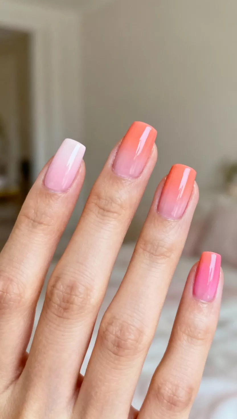 Two Tone Pink Ombre close-up shot of a woman’s hand with five fingers showing nails with a vertical ombre blending a soft ballet slipper pink on one side and a warmer coral pink on the other, room background.
