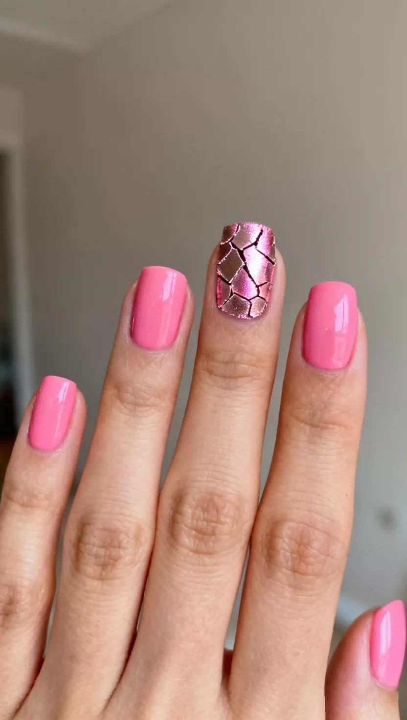 Bubblegum Pink Foil Accent close-up shot of a woman’s hand with five fingers showing nails with four nails painted entirely bubblegum pink, with the ring finger featuring a metallic pink foil pressed randomly for a shattered glass effect, room background.