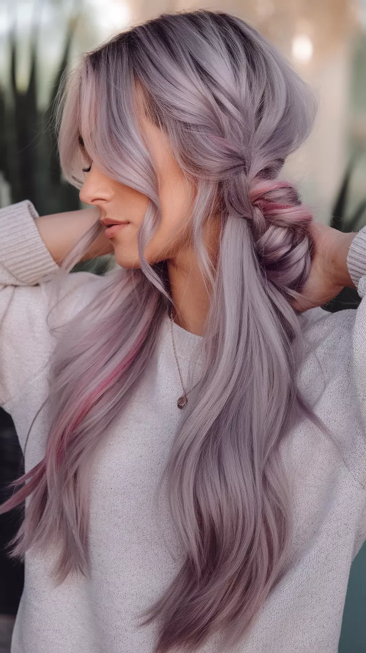 A photo of a 24-year-old woman with a Dreamy Dusty Lavender colored long hairstyle, side view.