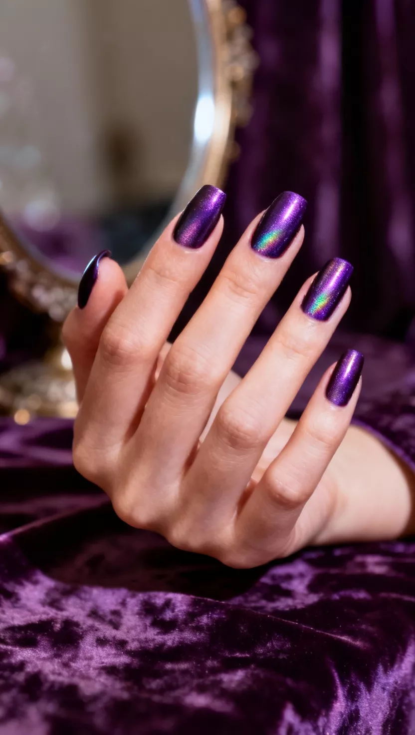 close-up shot of a woman’s hand with five fingers showing nails with a deep, shimmering amethyst purple chrome featuring the magnetic cat eye effect, vintage vanity with crushed velvet background