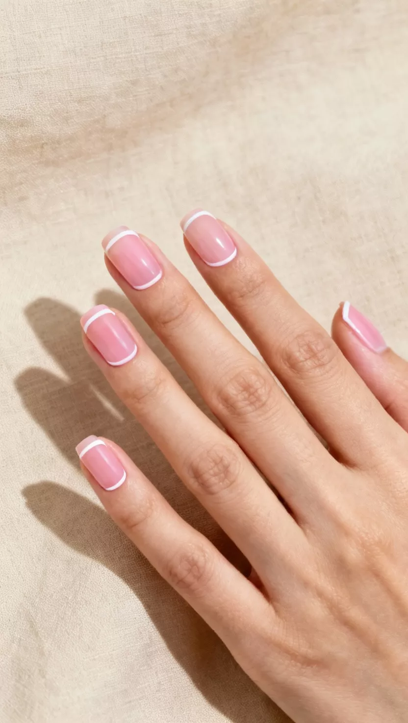 close-up shot of a woman’s hand with five fingers showing nails with a sheer pink base with a thin, precise white matte line tracing the entire perimeter of the nail, a clean beige textile background.