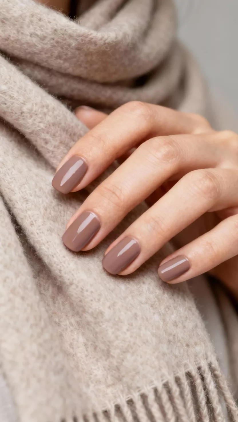 close-up shot of a woman’s hand with five fingers showing nails with a creamy, warm taupe polish in a slightly rounded square shape, a soft, neutral-colored cashmere scarf background.