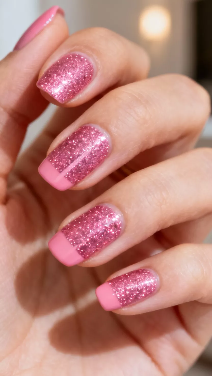 Angled Pink Glitter Block close-up shot of a woman’s hand with five fingers showing nails with the bottom third painted opaque medium pink and the top two thirds painted in a highly dense matching pink glitter, separated by a sharp diagonal line, room background.