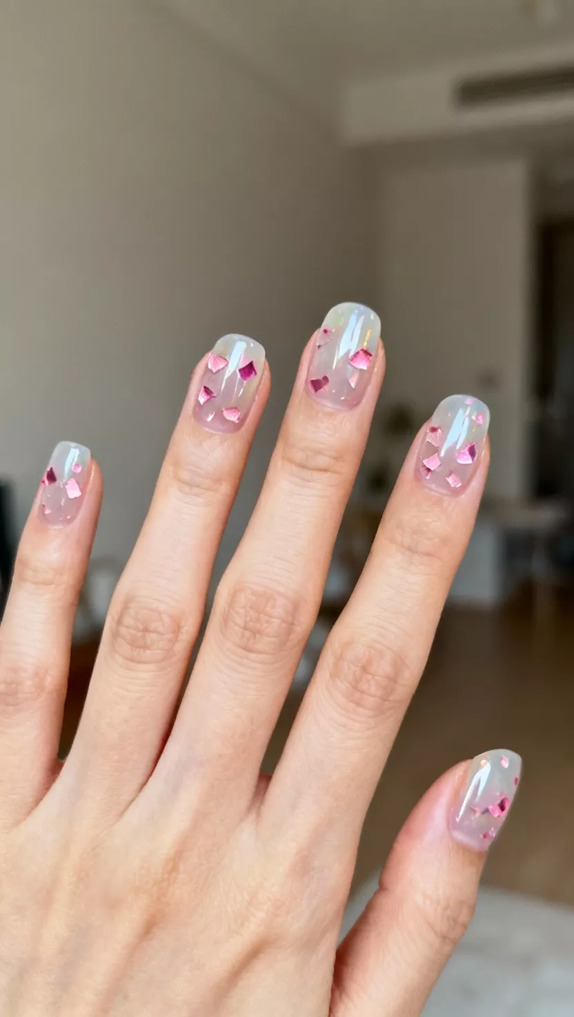 Pink Confetti Over Opal close-up shot of a woman’s hand with five fingers showing nails with a translucent opal-like base polish scattered over with tiny, irregular pink glitter confetti pieces that shift color slightly, room background.