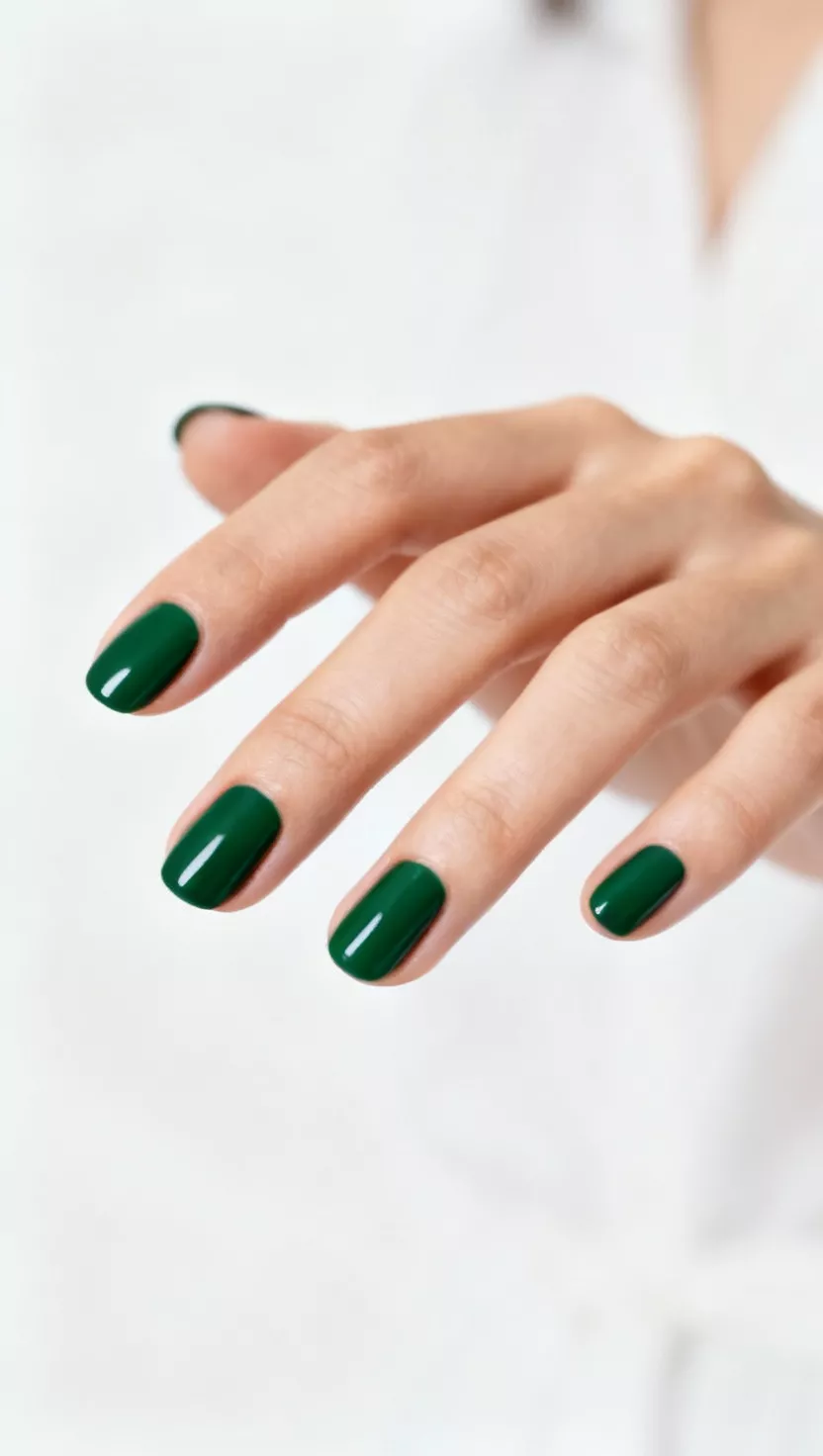 close-up shot of a woman’s hand with five fingers showing nails with a saturated, deep evergreen forest green color with a creamy opaque finish, close-up nail photography, nail polish designs, pinterest aesthetic