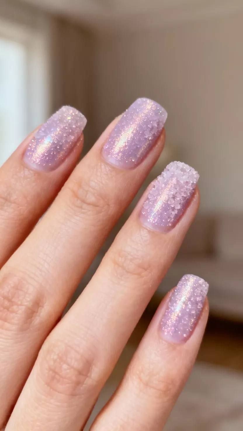 Pink Sugar Plum Fairy Dust close-up shot of a woman’s hand with five fingers showing nails with a sheer lavender-pink base fully coated with a fine, textured sugar effect glitter that has a slight metallic sheen, room background.