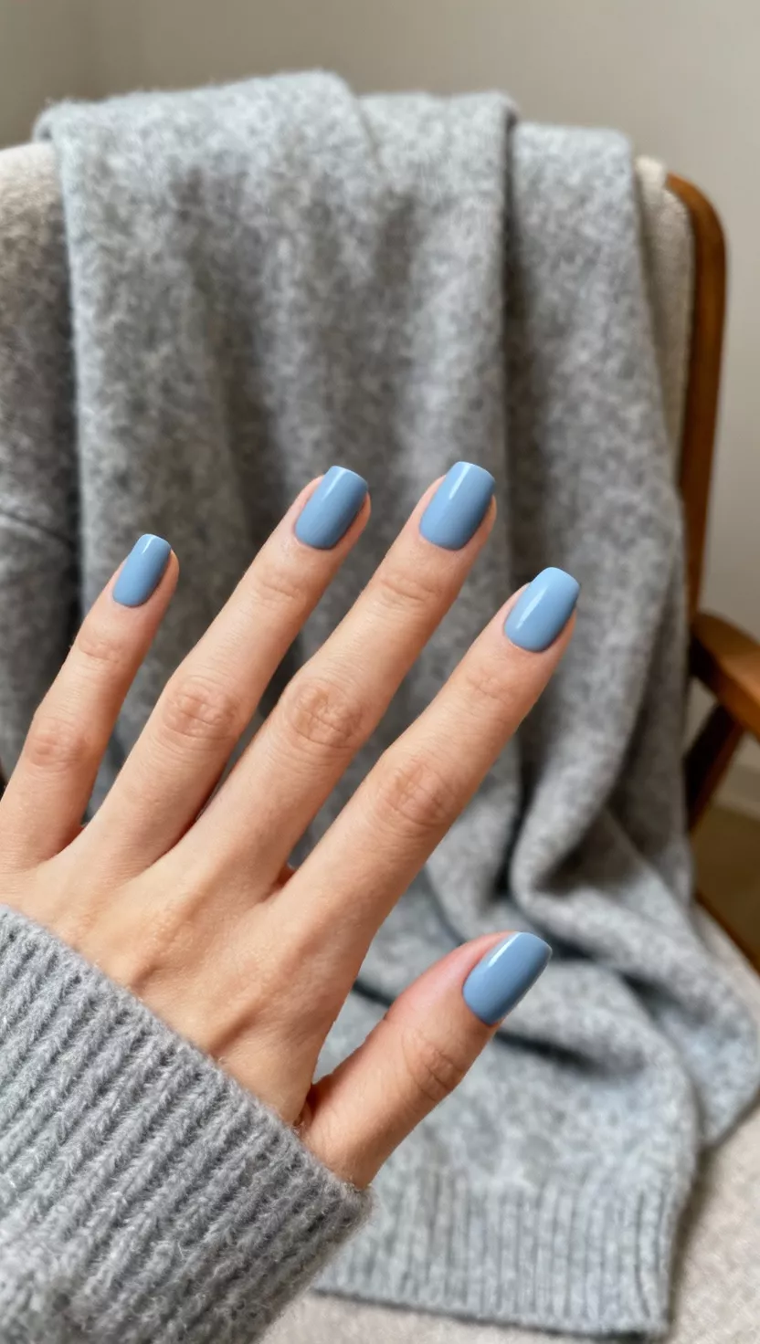 Periwinkle Blue Solids close-up shot of a woman’s hand with five fingers showing nails with a smooth, opaque periwinkle blue solid polish, soft grey cashmere sweater draped in the room background.