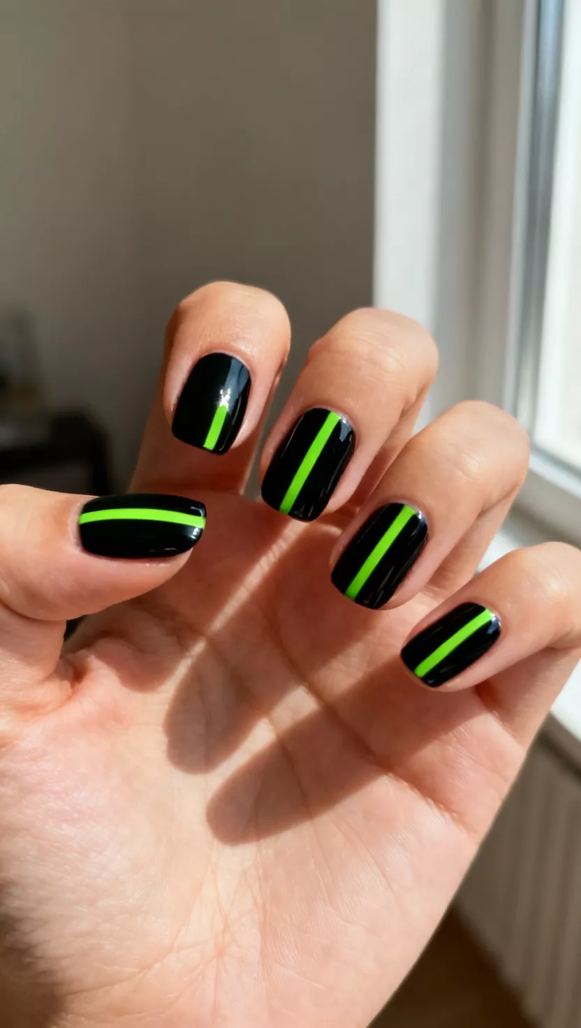 close-up shot of a woman’s hand with five fingers showing nails with a solid glossy black base and thin, electric lime green vertical stripes, room background.
