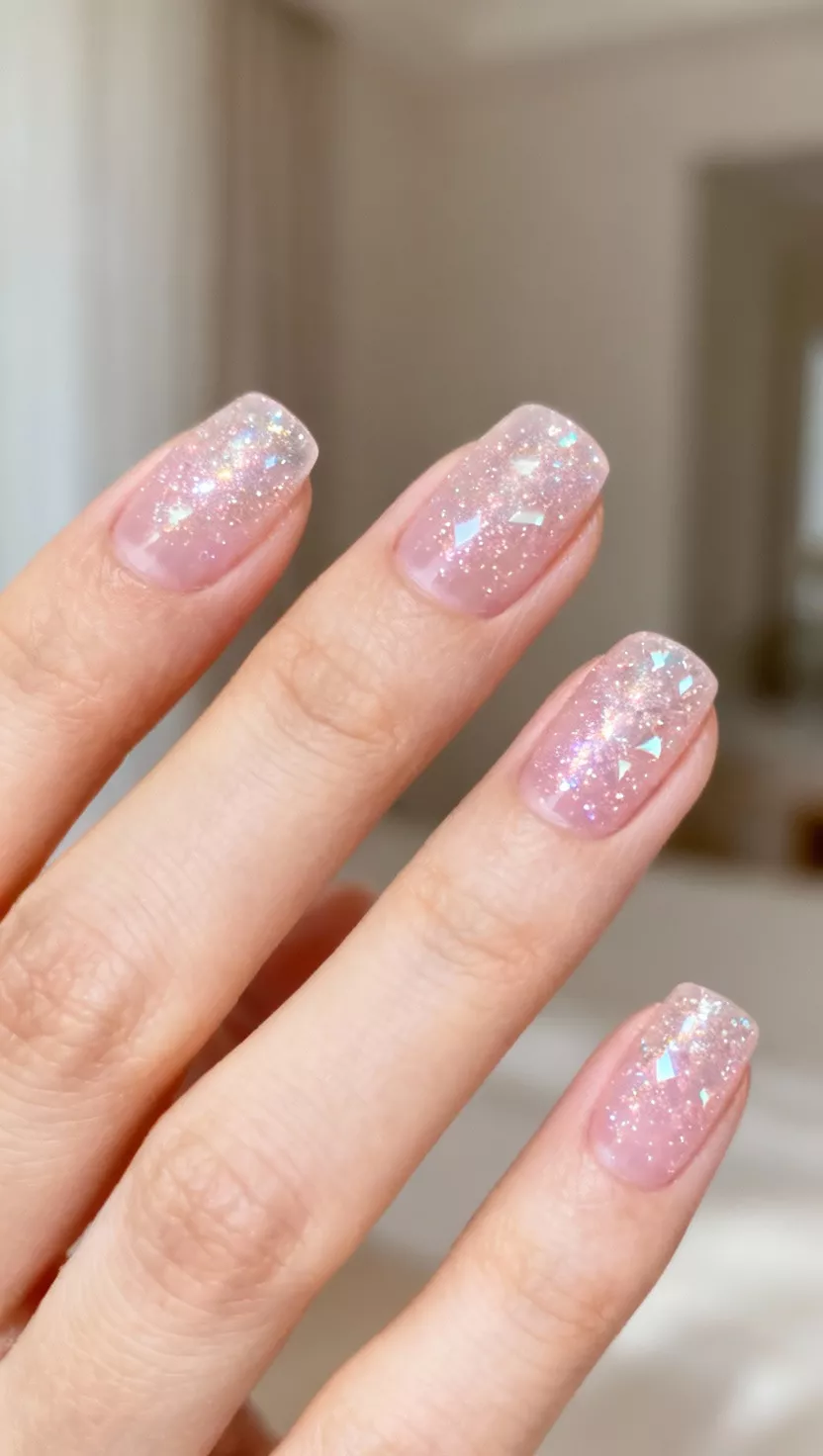 Pink Diamond Dust close-up shot of a woman’s hand with five fingers showing nails with a sheer baby pink base completely covered with microscopic shimmery particles that simulate diamond dust, offering a subtle prism effect, room background.