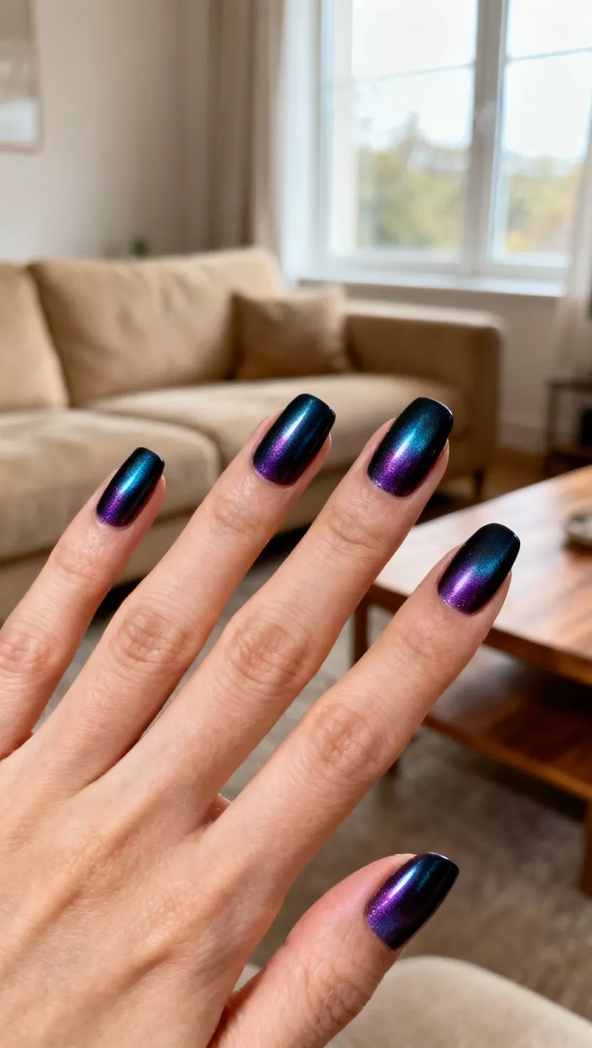 close-up shot of a woman’s hand with five fingers showing nails with a rich, dark navy blue chrome that shifts slightly to deep purple, living room background