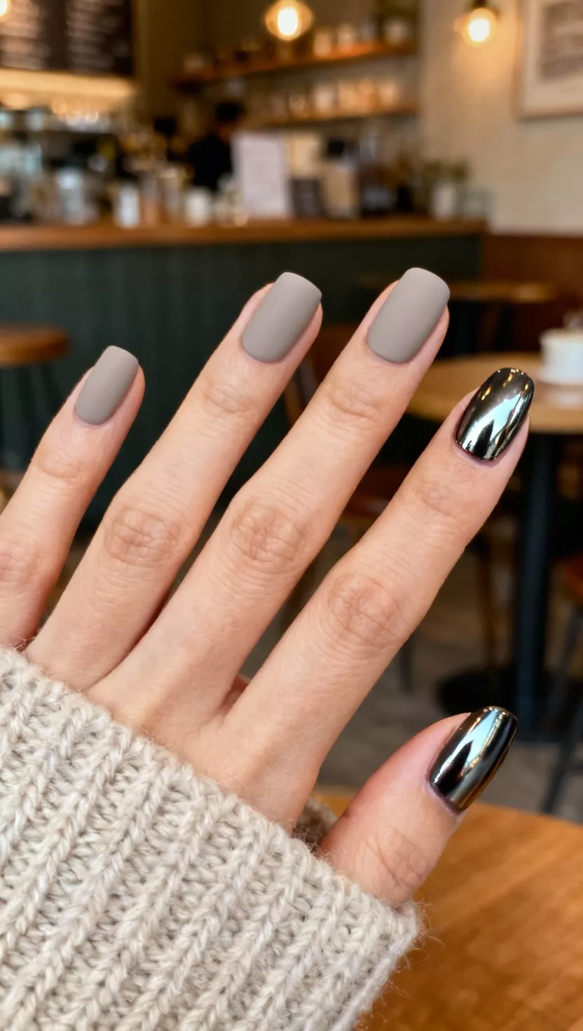 close-up shot of a woman’s hand with five fingers showing nails with four nails in a creamy matte charcoal gray and the ring finger wearing a highly reflective dark gunmetal gray chrome, cozy cafe with knitted textures background