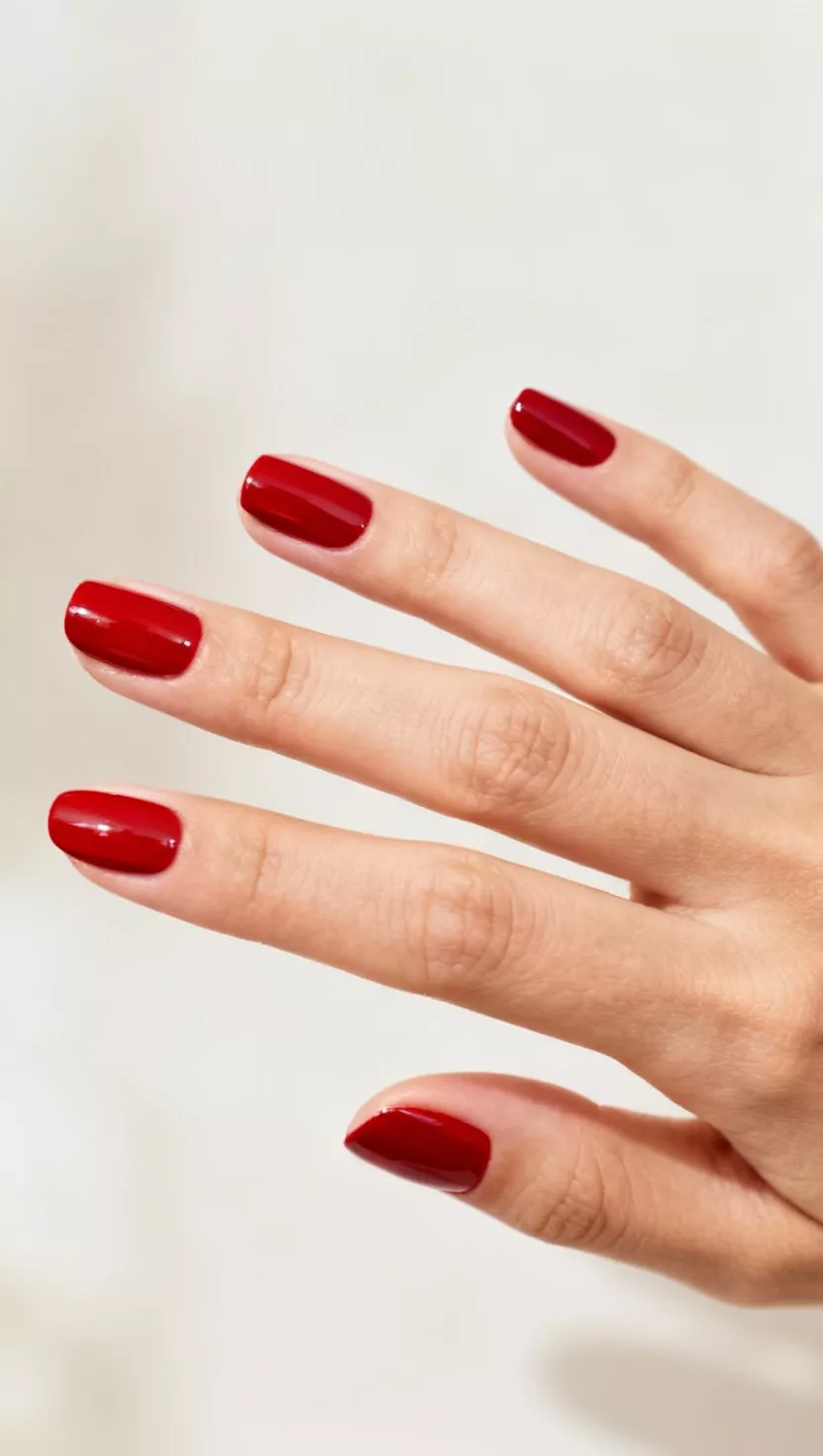 close-up shot of a woman’s hand with five fingers showing nails with a strong, highly pigmented primary classic red color with a true neutral undertone, close-up nail photography, nail polish designs, pinterest aesthetic