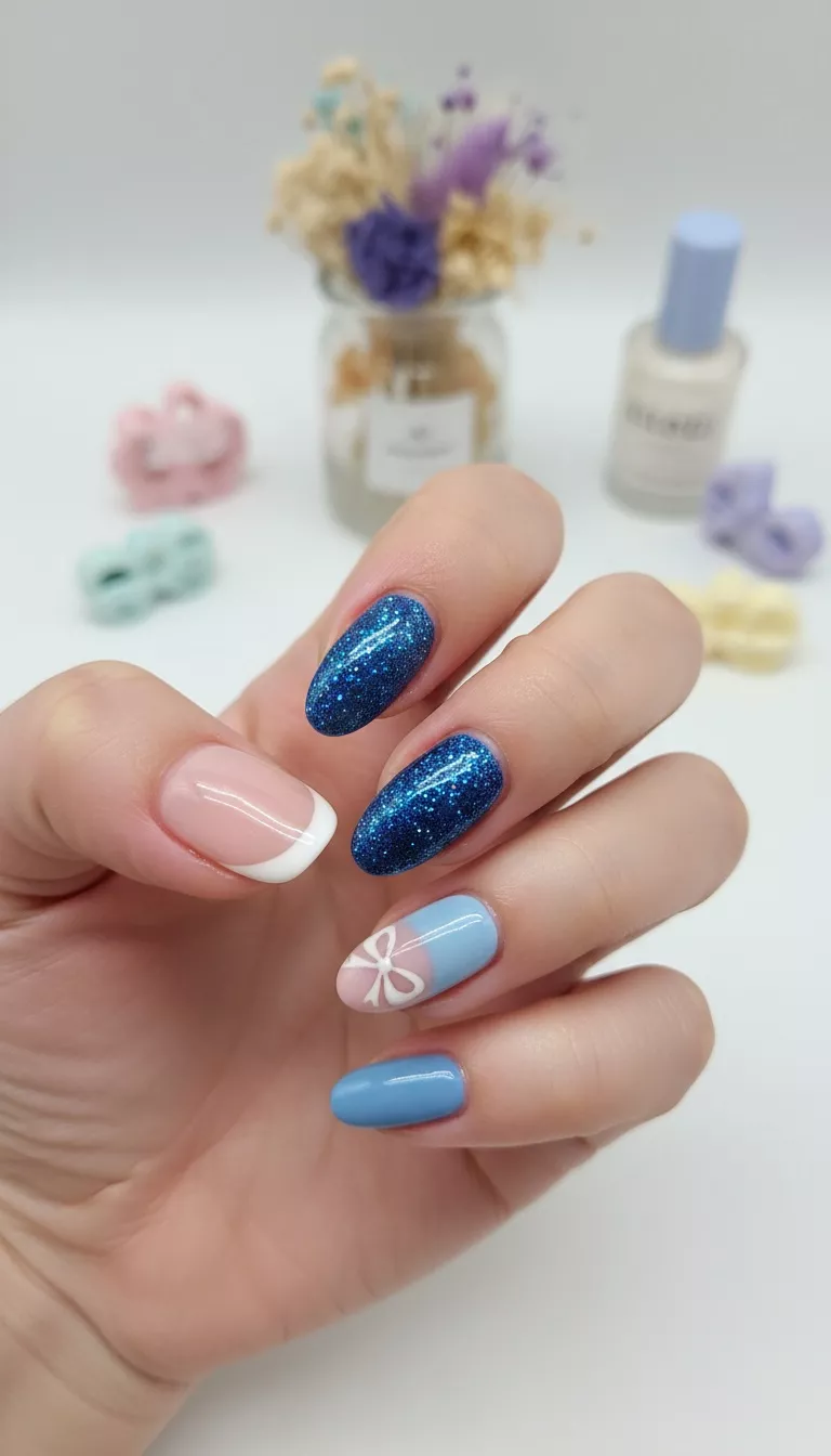 close-up shot of a woman’s hand showing nails with a glittery blue polish on the middle and pinky, a French tip on the index, and a bow design on the thumb, close-up nail photography, nail polish designs, pinterest aesthetic