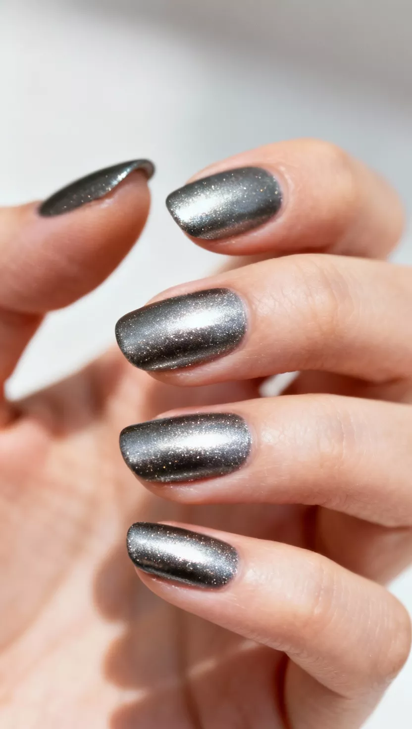 close-up shot of a woman’s hand with five fingers showing nails with a highly reflective, dark gunmetal grey chrome powder finish, close-up nail photography, nail polish designs, pinterest aesthetic