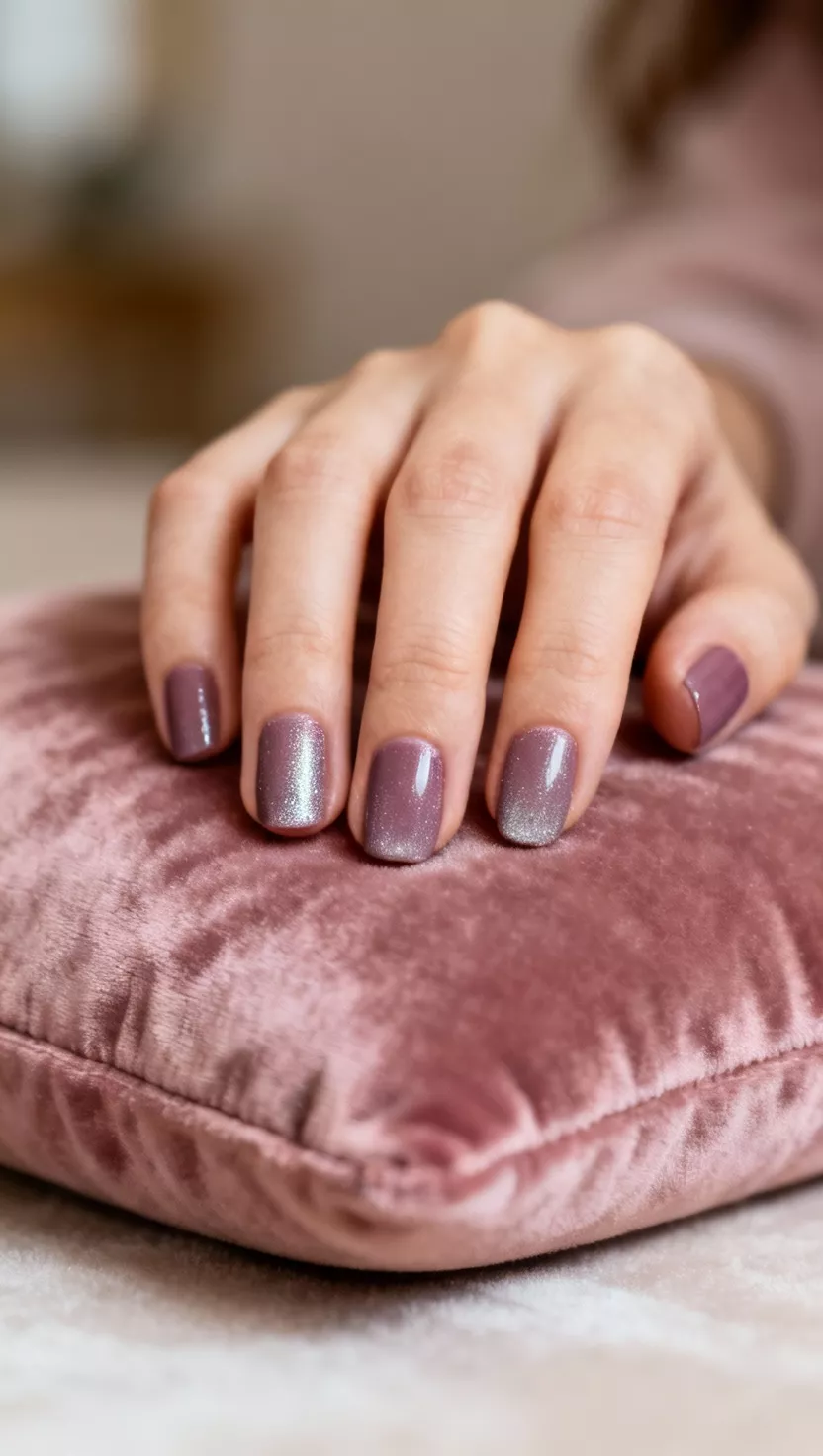 close-up shot of a woman’s hand with five fingers showing nails with a dusty mauve polish with a very slight silver shimmer providing a frosty finish, a dusty rose velvet cushion background.