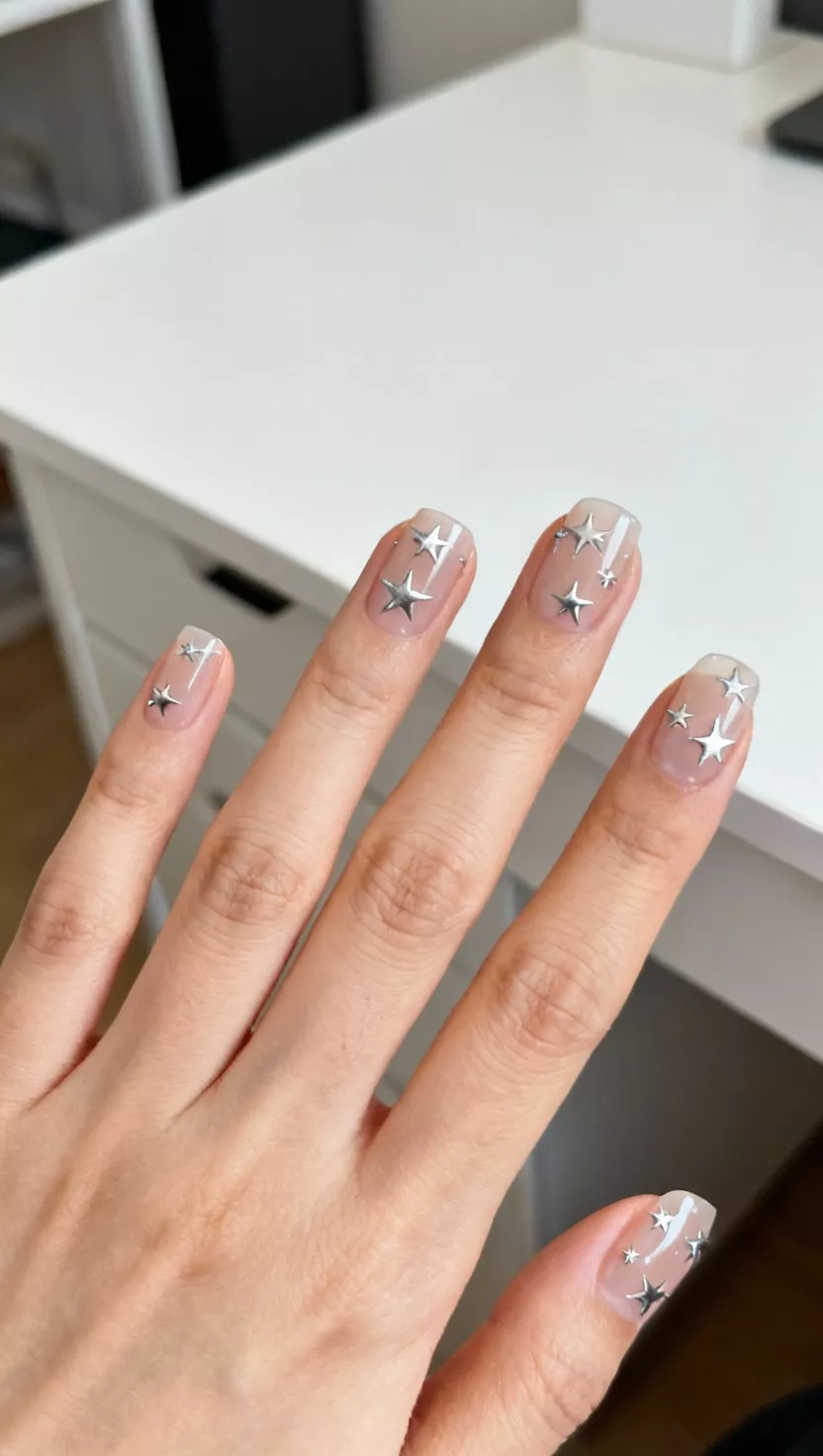Subtle Silver Stars close-up shot of a woman’s hand with five fingers showing nails with a sheer nude base featuring tiny, asymmetrical scattered silver star decals, minimalist white desk surface in the room background.