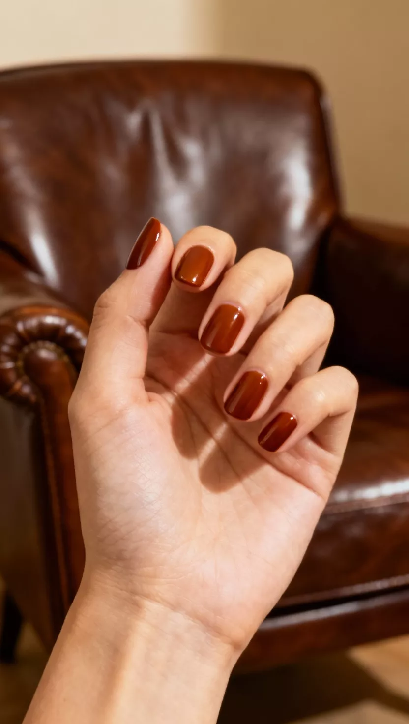 close-up shot of a woman’s hand with five fingers showing nails with a rich, warm mahogany brown cream polish, leather armchair background.