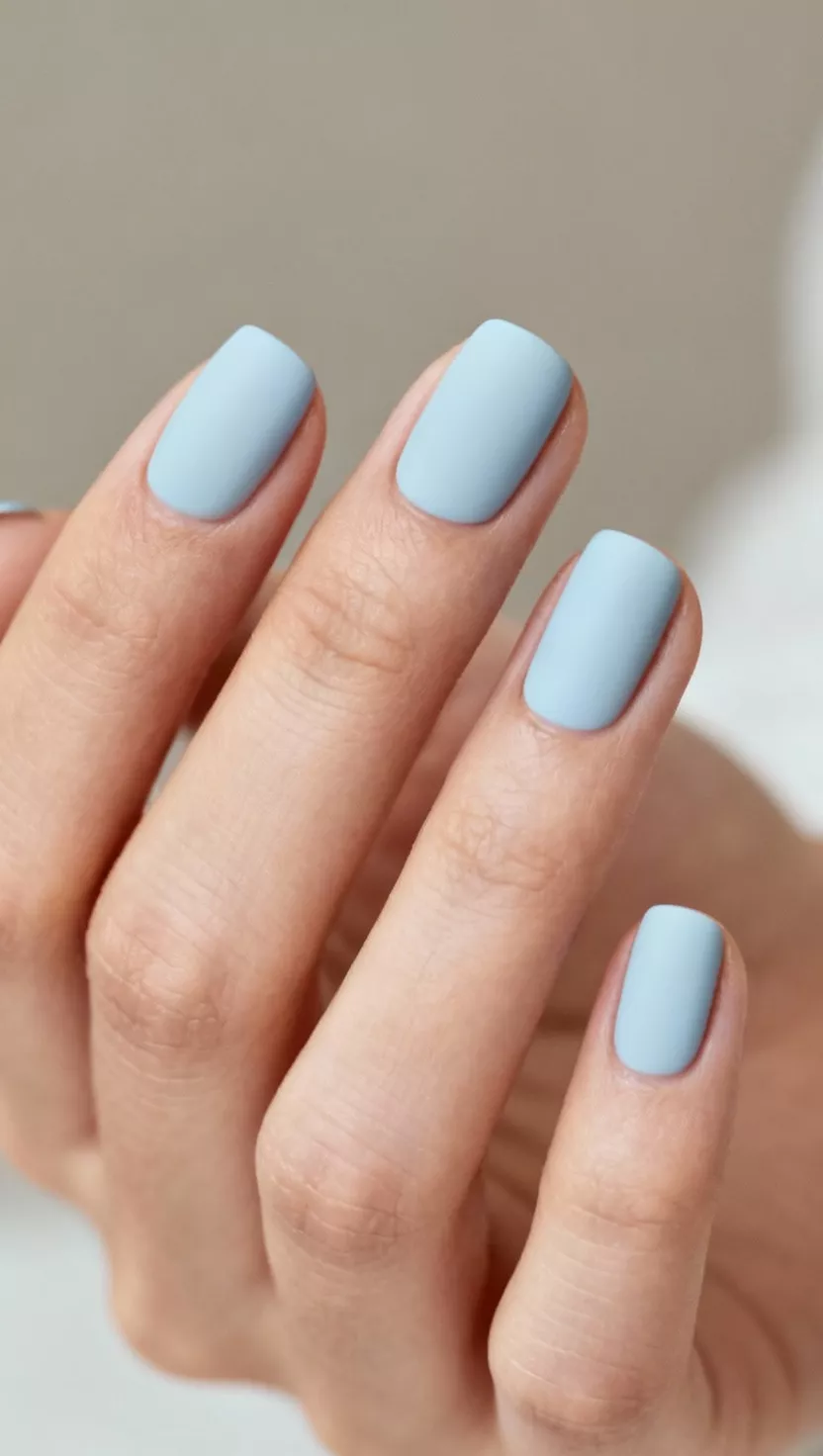 close-up shot of a woman’s hand with five fingers showing nails with a pale, icy light blue color with an opaque finish, close-up nail photography, nail polish designs, pinterest aesthetic