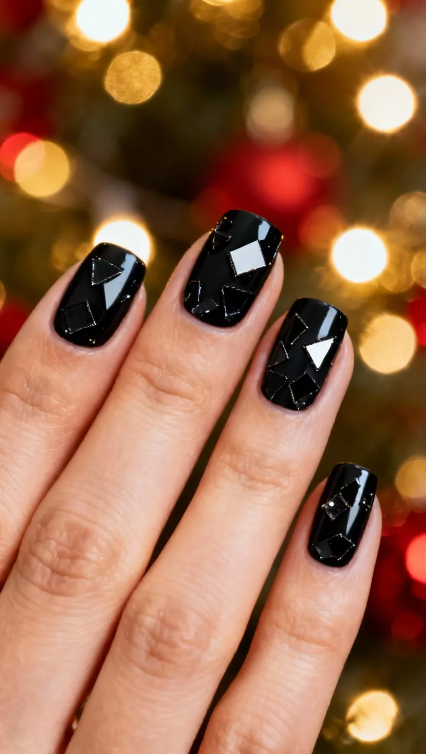 close-up shot of a woman’s hand with five fingers showing nails with a solid black base coated with several chunky, irregularly shaped black glitter pieces, festive holiday lighting background.
