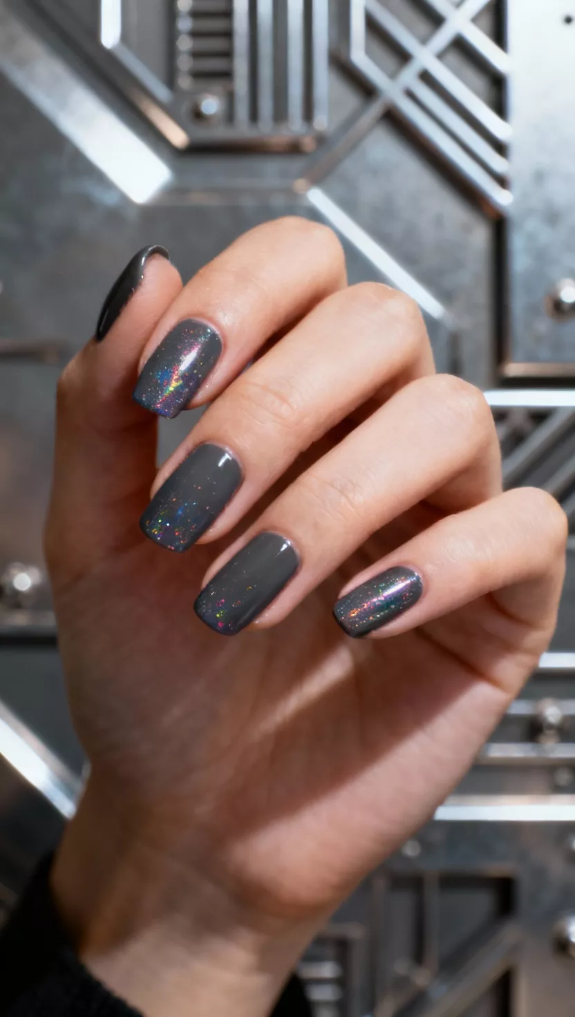Dark Grey Nail Polish with Holographic Flakes close-up shot of a woman’s hand with five fingers showing nails with a deep, sophisticated dark grey creme polish generously layered with fine holographic flakes, industrial chic background.
