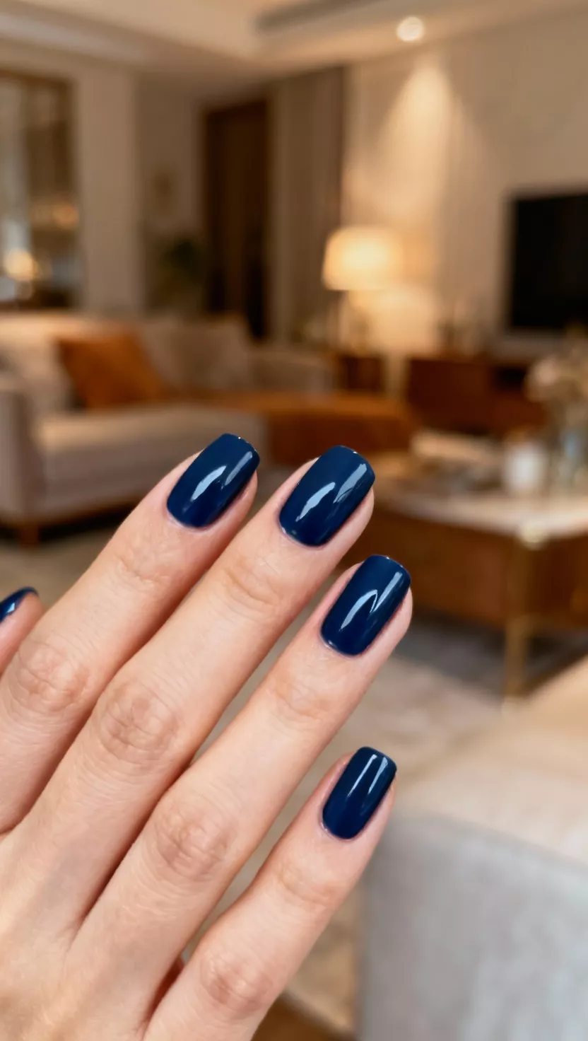 close-up shot of a woman’s hand with five fingers showing nails with a saturated, deep navy blue cream polish, living room background.