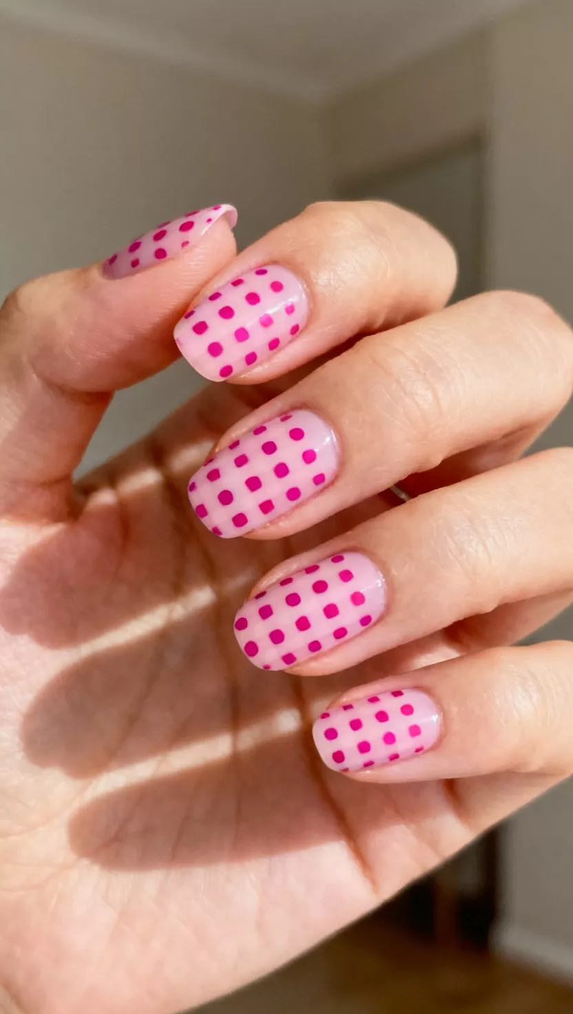 Pink Dot Grid Designs close-up shot of a woman’s hand with five fingers showing nails with a sheer pale pink base adorned with a grid of uniformly sized small, bright magenta dots using a fine dotting tool, room background.