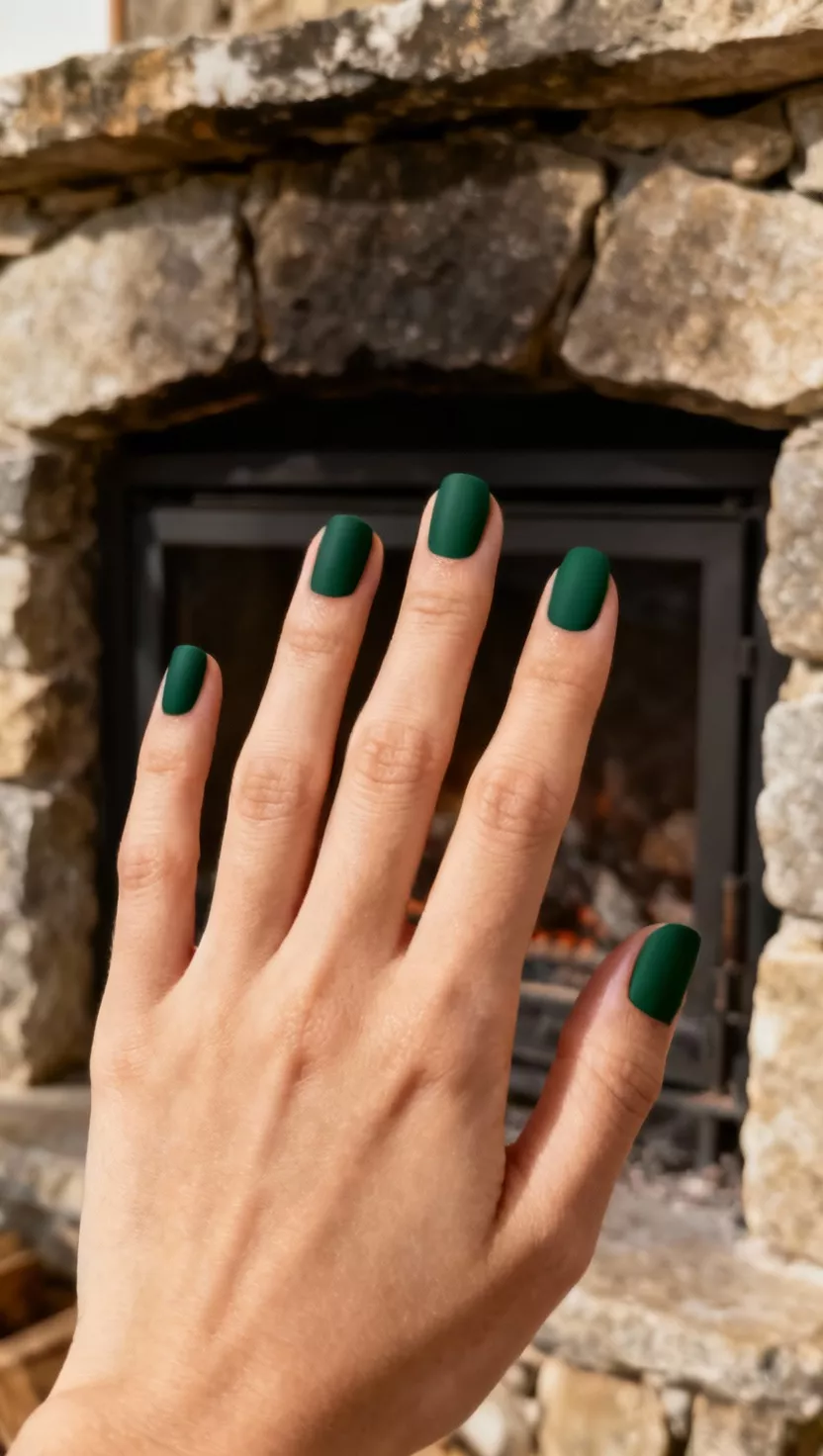 close-up shot of a woman’s hand with five fingers showing nails with a deep, army green matte polish, rugged stone fireplace background.