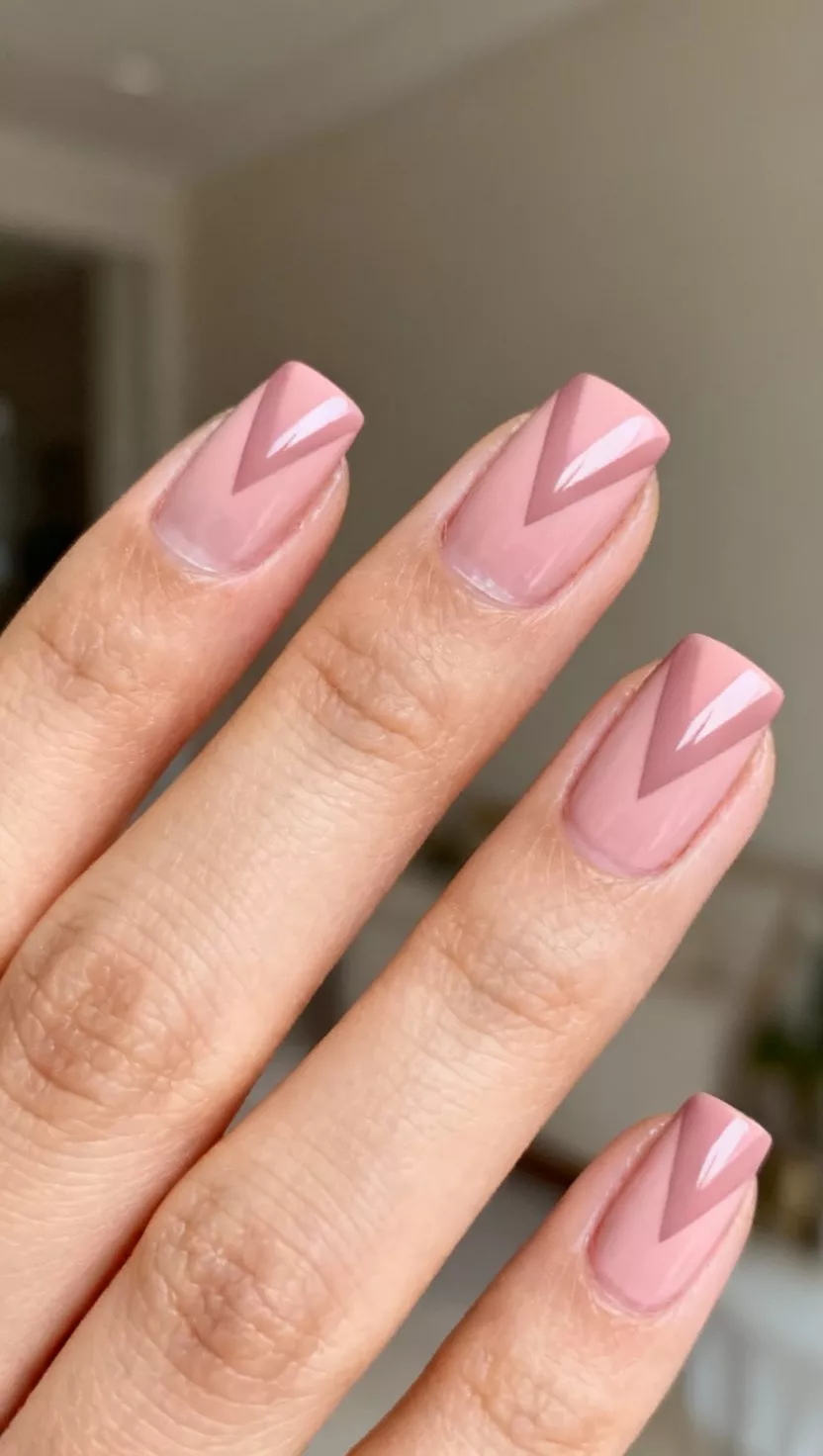 Negative Space Pink Chevrons close-up shot of a woman’s hand with five fingers showing nails with clear space left near the cuticle, painted with soft medium pink in precise, alternating V-shapes (chevrons) pointing towards the tip, room background.