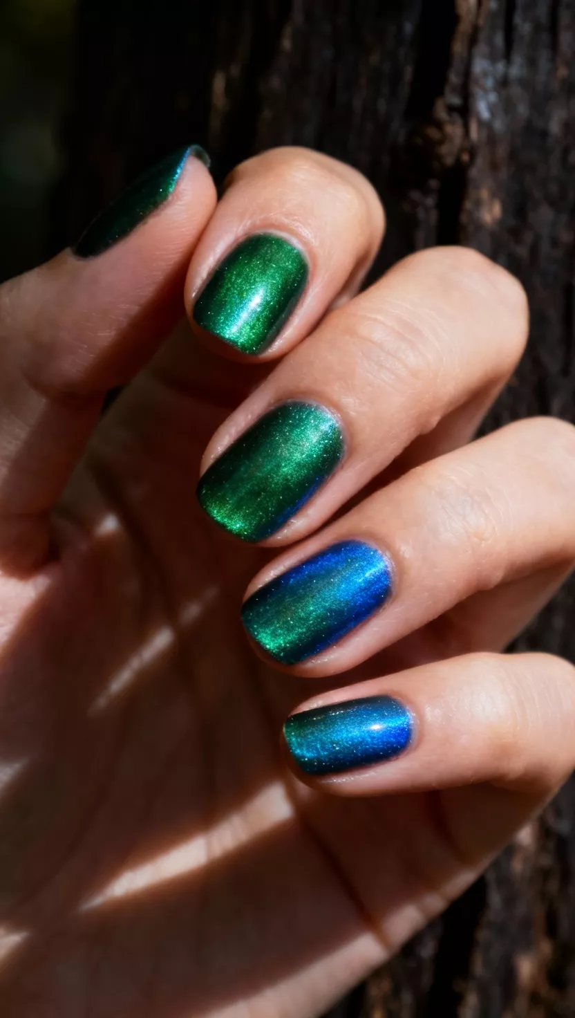 close-up shot of a woman’s hand with five fingers showing nails with a multi-chrome polish shifting between deep green and blue, mysterious dark woods background.