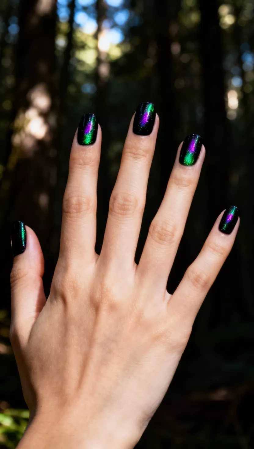 close-up shot of a woman’s hand with five fingers showing nails with a highly iridescent black polish that shifts colors like green and purple depending on the light angle, dark forest setting background.