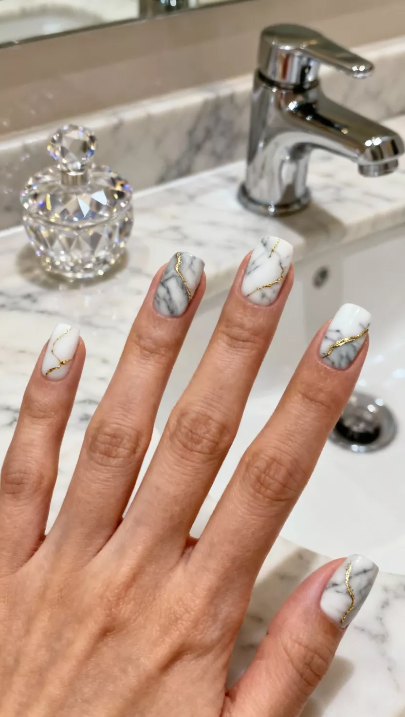 Marbled Nails in White and Gold close-up shot of a woman’s hand with five fingers showing nails with a beautiful white and grey marbled pattern accented with thin streaks of gold leaf, elegant bathroom countertop background.