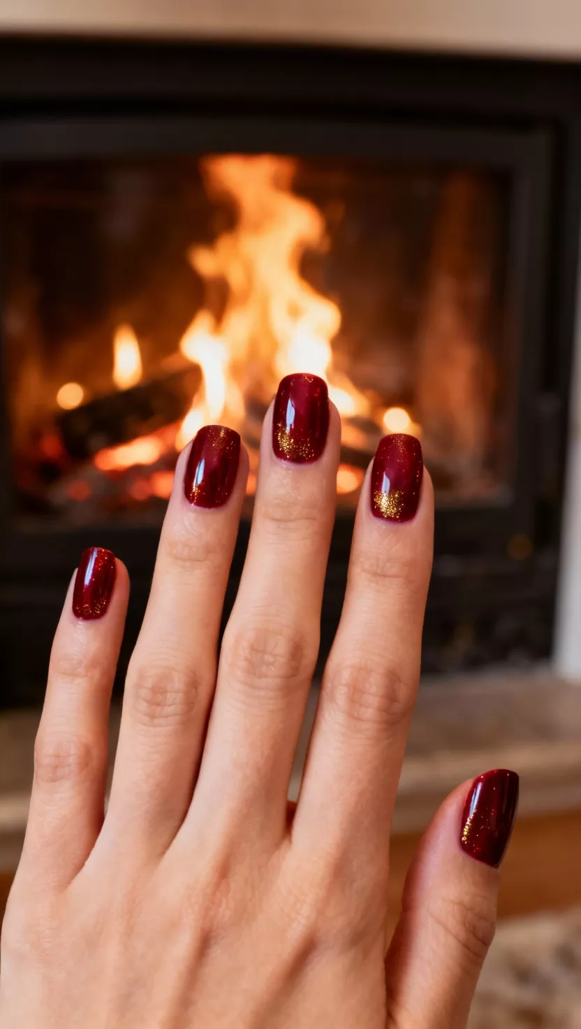 close-up shot of a woman’s hand with five fingers showing nails with a highly reflective, deep ruby red polish with a subtle gold shimmer, roaring fireplace background.