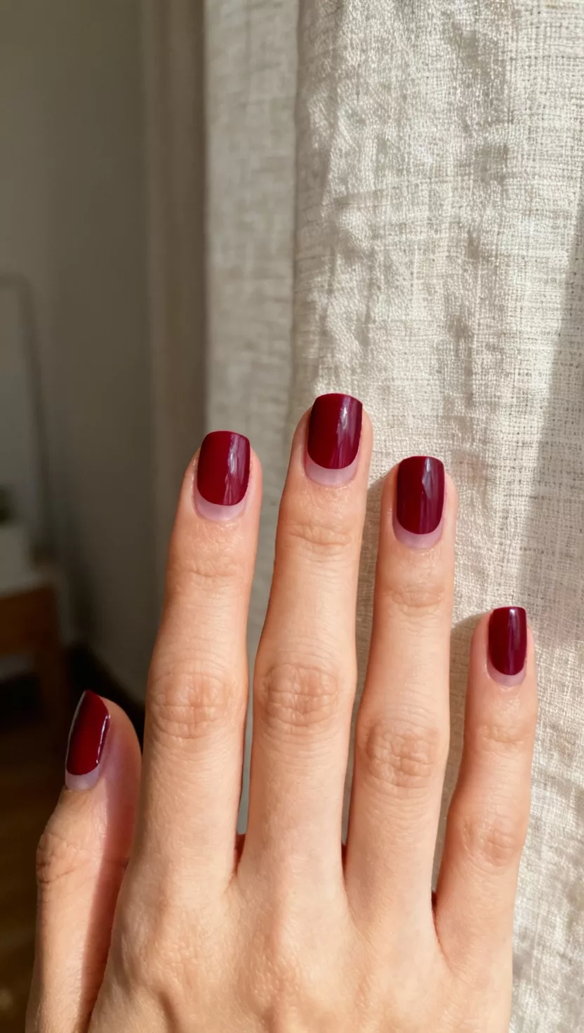 Half-Moon Negative Space close-up shot of a woman’s hand with five fingers showing nails with the cuticle area left clear (negative space) in a half-moon shape, rest of the nail painted in a deep cranberry red, simple linen fabric in the room background.