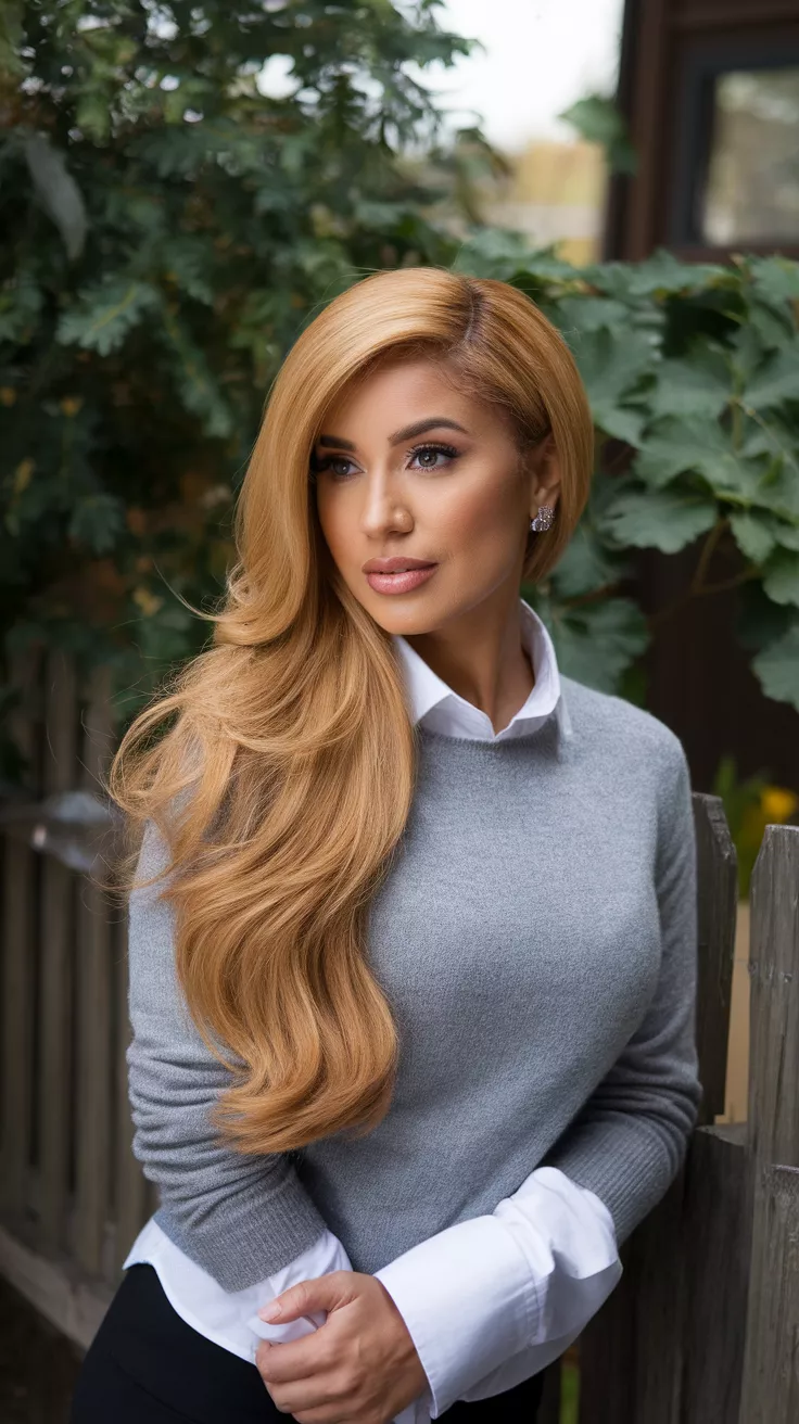 Spiced Gold Blonde A photo of a 37-year-old woman with a Spiced Gold Blonde colored long hairstyle, back view.