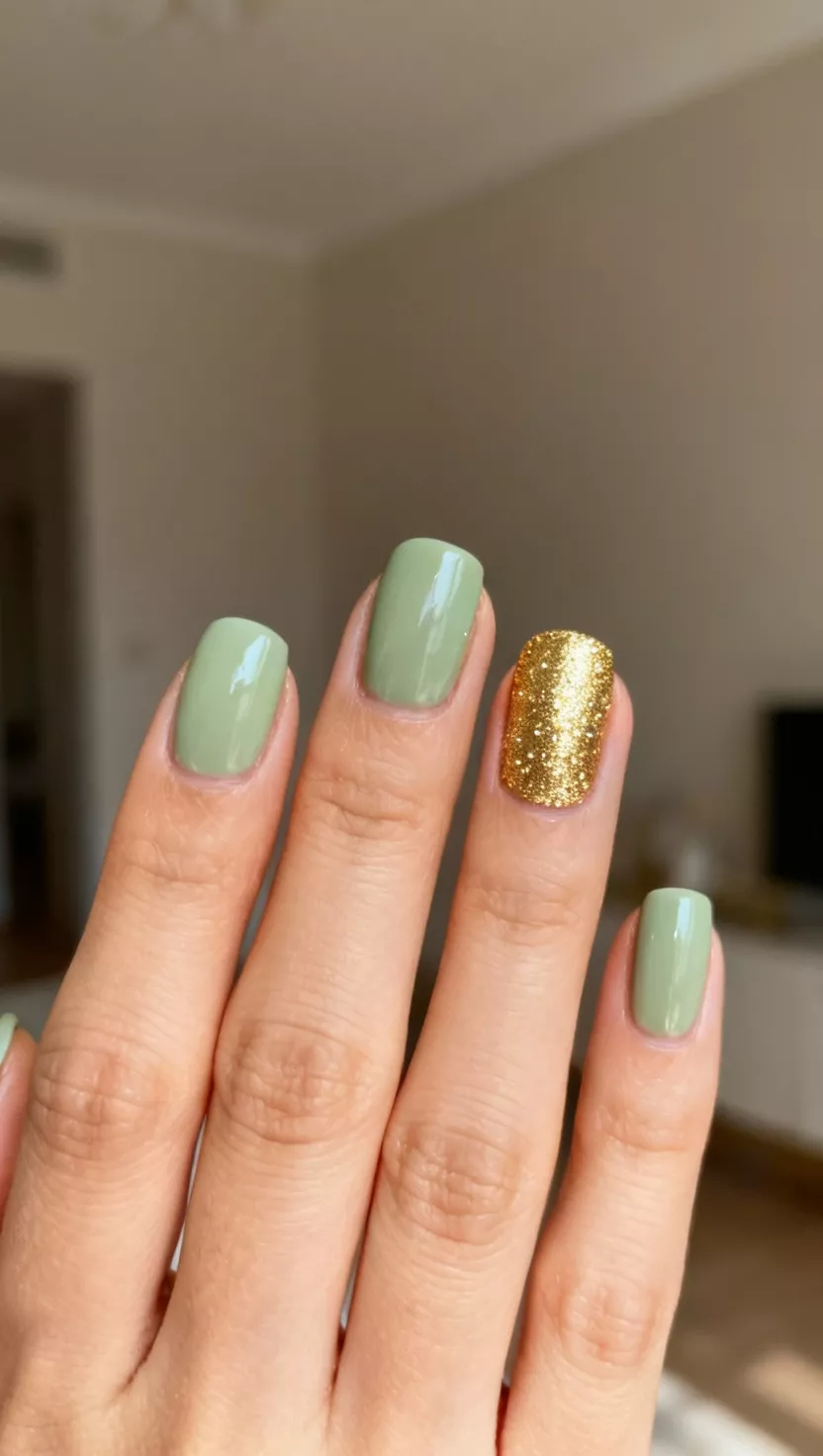 close-up shot of a woman’s hand with five fingers showing nails with four nails in a creamy sage green and one accent nail fully covered in shimmering gold foil, room background.