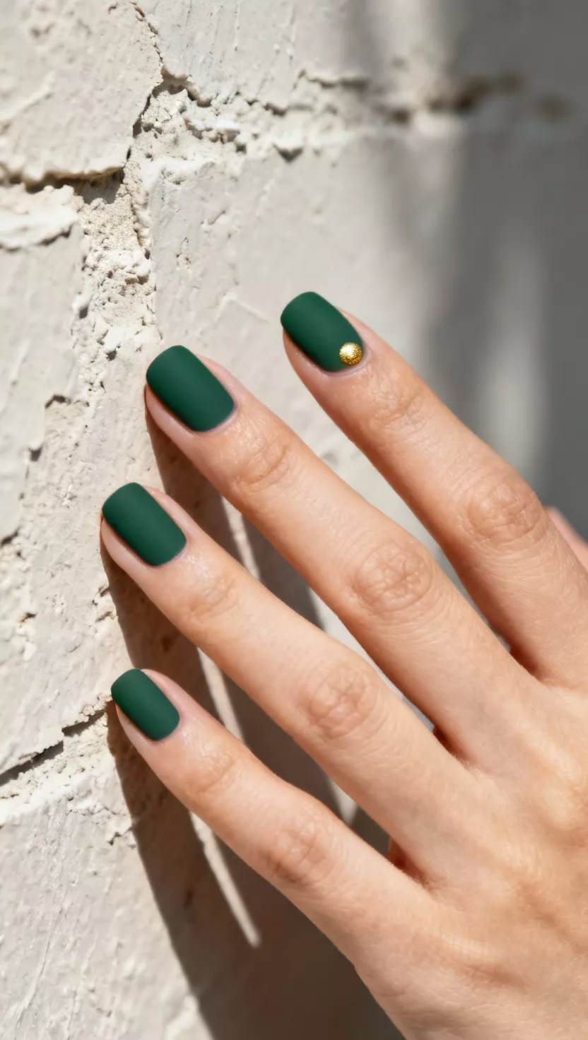 close-up shot of a woman’s hand with five fingers showing nails with a matte forest green polish with a single, tiny gold metallic dot placed directly above the center of the cuticle line, a rough plaster wall background.