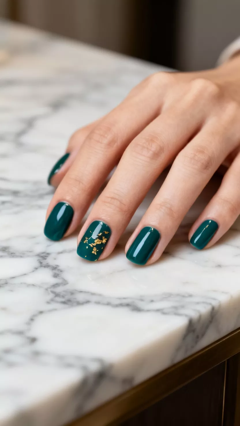 close-up shot of a woman’s hand with five fingers showing nails with a rich, dark teal cream polish and delicate gold flakes on the ring finger, marble countertop background.