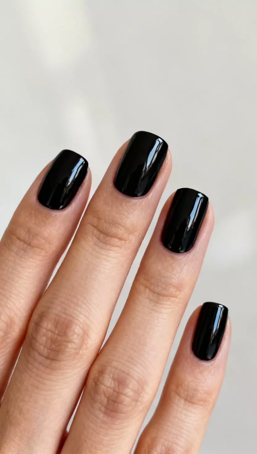 close-up shot of a woman’s hand with five fingers showing nails with a traditional, opaque, glossy pitch-black color, close-up nail photography, nail polish designs, pinterest aesthetic
