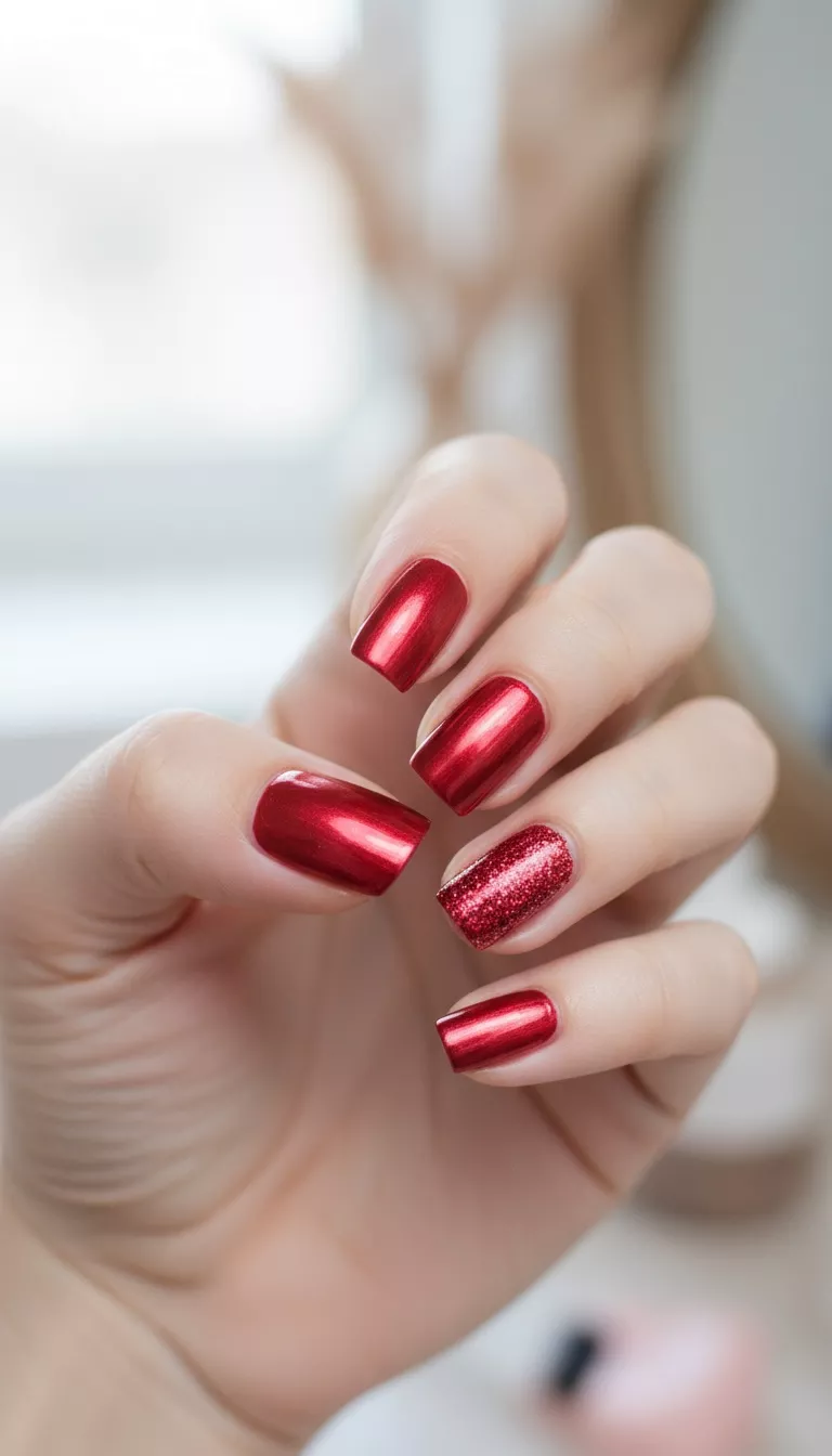 close-up shot of a woman’s hand showing nails with a vibrant, metallic red polish, featuring glitter accents on the tips, close-up nail photography, nail polish designs, pinterest aesthetic