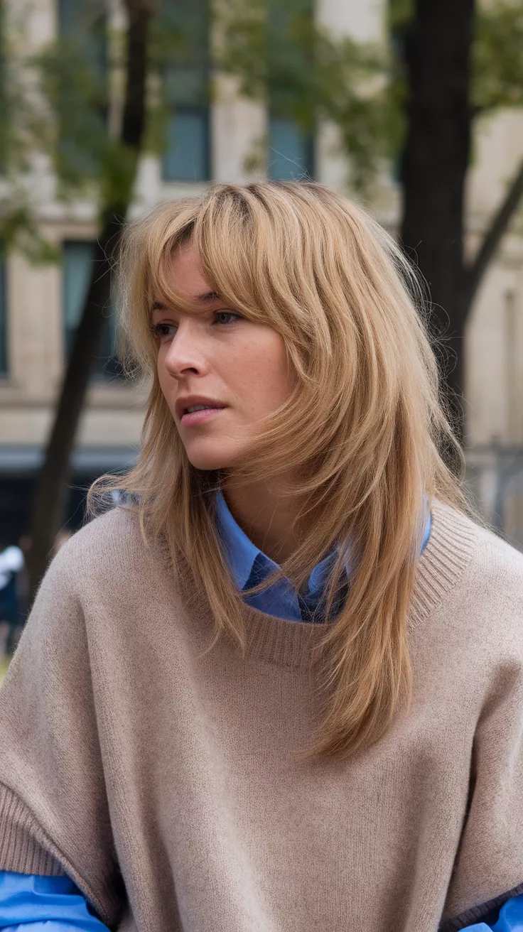 Sandy Blonde A photo of a 39-year-old woman with a Sandy Blonde colored long hairstyle, back view.