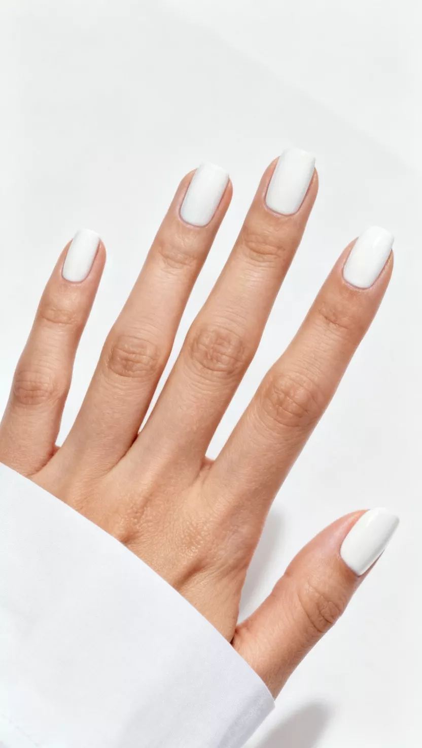 close-up shot of a woman’s hand with five fingers showing nails with a stark, opaque, flawless bright white color, like fresh printer paper, close-up nail photography, nail polish designs, pinterest aesthetic