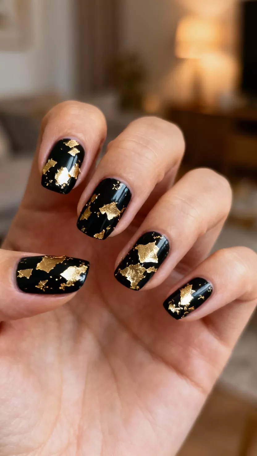 close-up shot of a woman’s hand with five fingers showing nails with a deep black base covered in random, abstract splatters of metallic gold foil fragments, living room background.