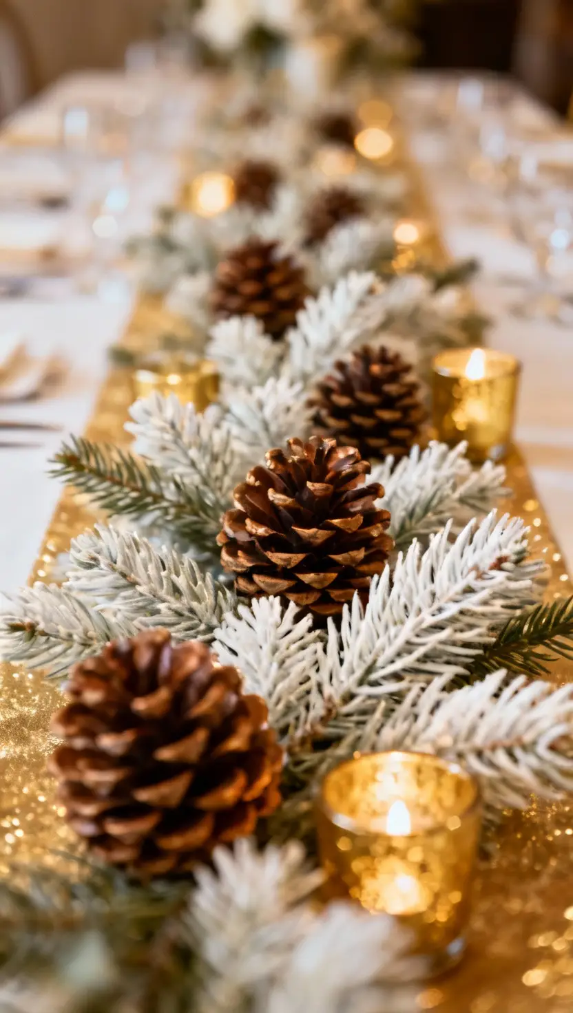 A professional photo, similar to a photo in a wedding magazine, of a richly decorated wedding table runner filled with natural elements like shiny brown pine cones and fragrant white pine boughs, interspersed with subtle gold votive candles.