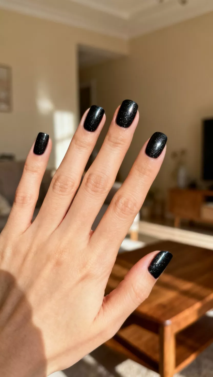 close-up shot of a woman’s hand with five fingers showing nails with an ink black polish infused with a very fine, almost undetectable pearlescent sheen, living room background.