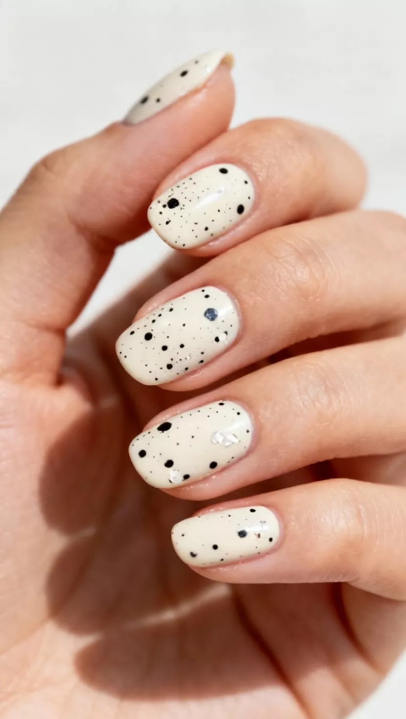 Tiny Speckles of Black and White Dotting close-up shot of a woman’s hand with five fingers showing nails with a creamy off-white base with very small, scattered black and white polka dots that resemble speckled egg shells, natural light background.