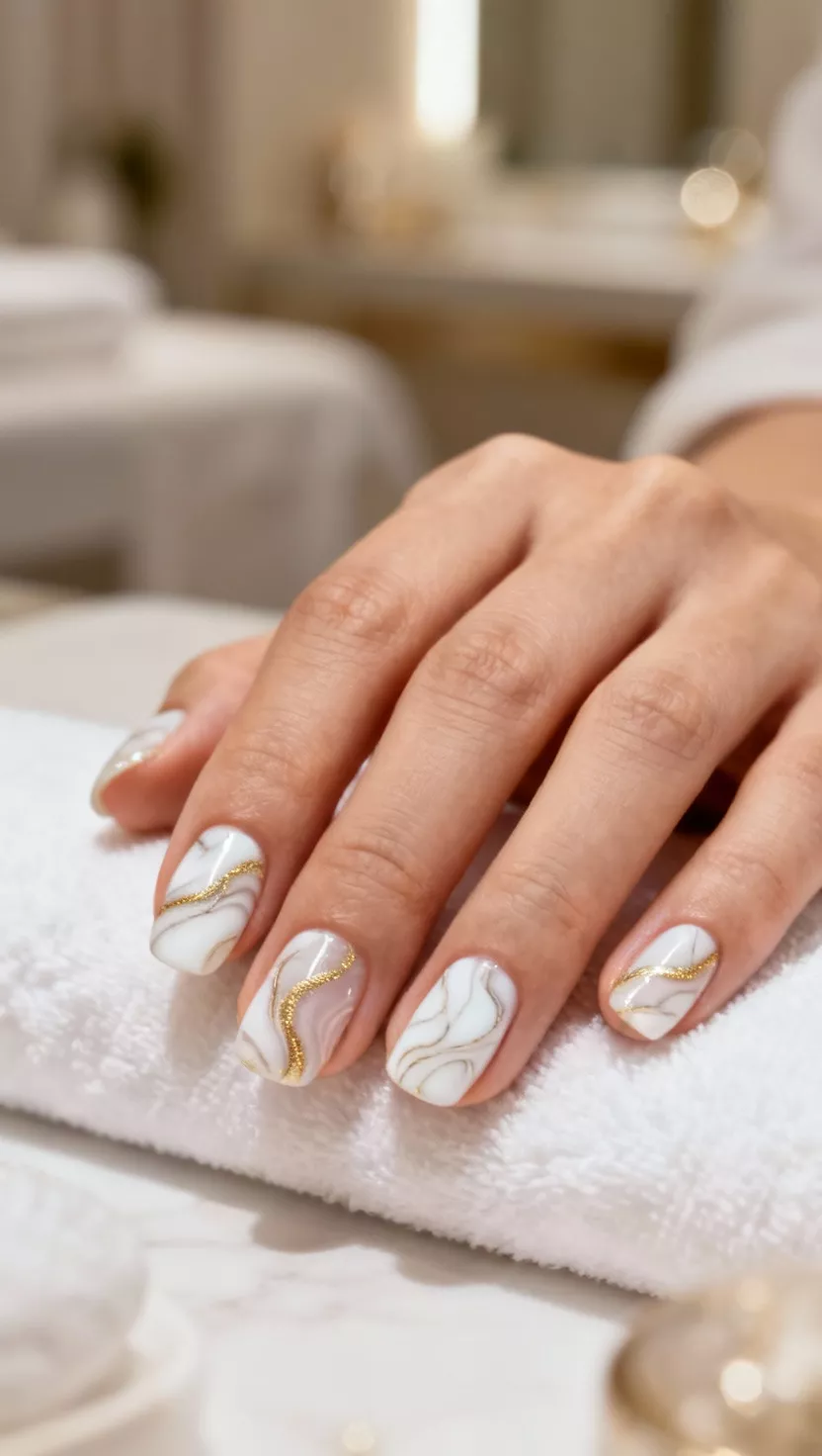 close-up shot of a woman’s hand with five fingers showing nails with an intricate white and sheer gold polish marble swirl pattern dominating the surface, luxurious spa setting background.